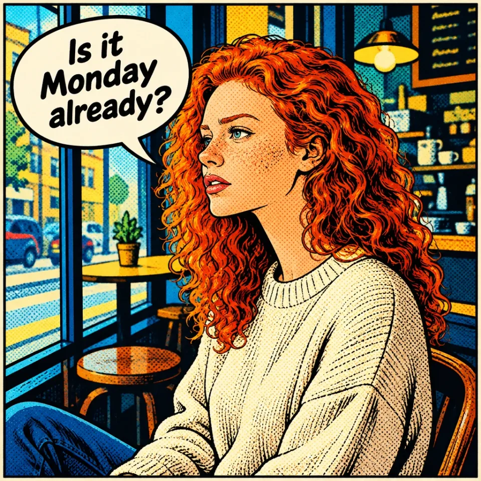 Turn this photo into a bold comic book panel with ink outlines, halftone shading and a vivid color palette. Keep her curly red hair, sweater and cafe window pose, and add a speech bubble that says "Is it Monday already?"