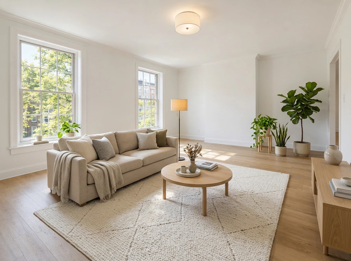 Furnish this empty room in Scandinavian style: a beige linen sofa, a light oak coffee table, a wool rug, a floor lamp and a few potted plants. Keep the walls, windows, floor and lighting unchanged.